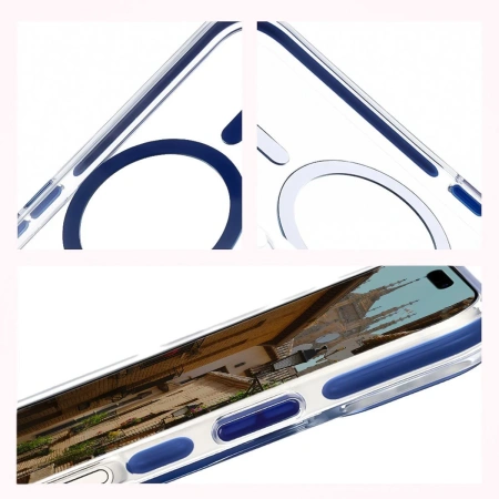 Etui z pierścieniem magnetycznym Bizon Case Marco do iPhone 17, przezroczyste z niebieską ramką