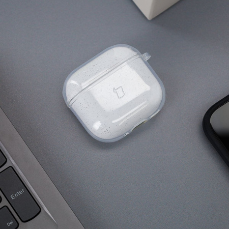 Elastyczne etui z karabińczykiem Bizon Case Headphone Clear do AirPods 4 przezroczysto-brokatowe
