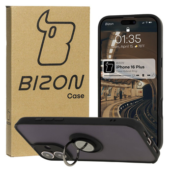 Etui z uchwytem na palec Bizon Case Hybrid Ring do iPhone 16 Plus, przydymione z czarną ramką