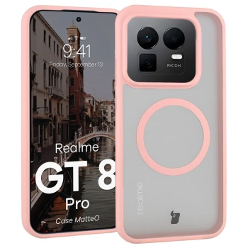 Etui z pierścieniem magnetycznym Bizon Case MatteO do Realme GT 8 Pro, przydymione-jasnoróżowe