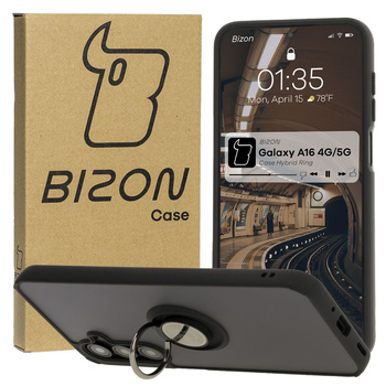 Etui z uchwytem na palec Bizon Case Hybrid Ring do Galaxy A16 4G/5G, przydymione z czarną ramką