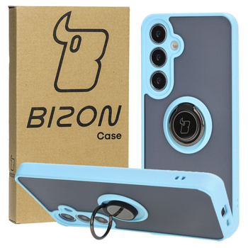 Etui z uchwytem na palec Bizon Case Hybrid Ring do Galaxy S25 Plus / S24 Plus, przydymione z jasnoniebieską ramką