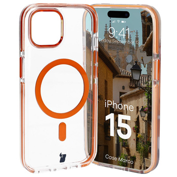 Etui z pierścieniem magnetycznym Bizon Case Marco do iPhone 15, przezroczyste z pomarańczową ramką