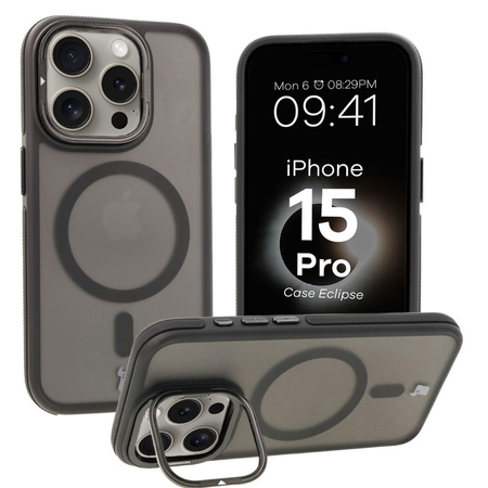 Etui z podstawką i pierścieniem magnetycznym Bizon Case Eclipse do iPhone 15 Pro, przydymione z czarną ramką