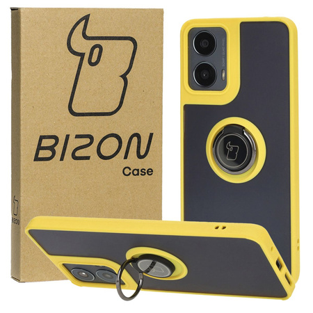 Etui z uchwytem na palec Bizon Case Hybrid Ring do Motorola Moto G04 / G24 / G24 Power, przydymione z żółtą ramką