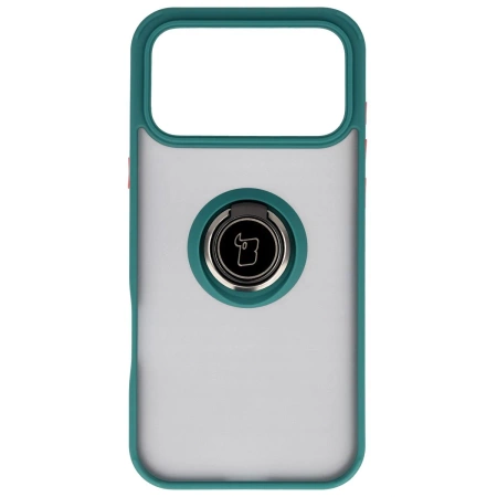 Etui z uchwytem na palec Bizon Case Hybrid Ring do iPhone 17 Pro Max, przydymione z ciemnozieloną ramką
