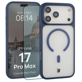 Etui z pierścieniem magnetycznym + szkło hartowane Bizon MatteO Pack do iPhone 17 Pro Max, przydymione-granatowe