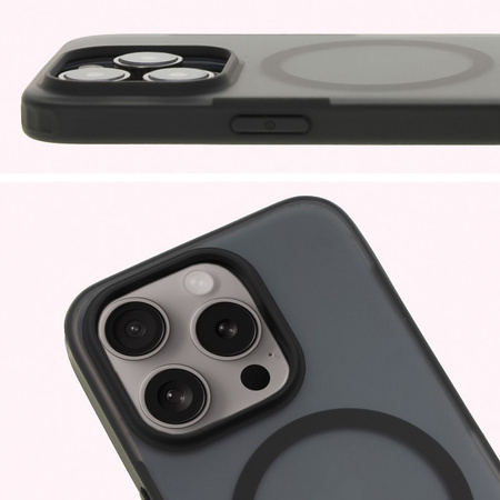Etui z pierścieniem magnetycznym Bizon Case MatteO do iPhone 15 Pro, półprzezroczyste z czarną ramką