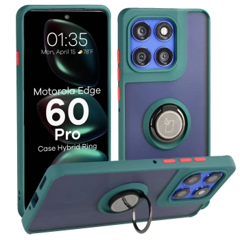 Etui z uchwytem na palec Bizon Case Hybrid Ring do Motorola Edge 60 Pro, przydymione z ciemnozieloną ramką