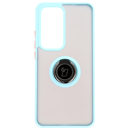 Etui z uchwytem na palec Bizon Case Hybrid Ring do Oppo Reno 12 Pro, przydymione z jasnoniebieską ramką