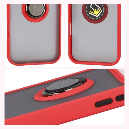 Etui z uchwytem na palec Bizon Case Hybrid Ring do iPhone 17 Pro Max, przydymione z czerwoną ramką