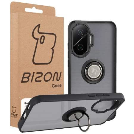 Etui z uchwytem na palec Bizon Case Hybrid Ring do Xiaomi POCO F7, przydymione z czarną ramką