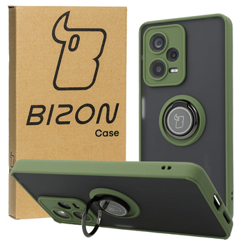 Etui z uchwytem na palec Bizon Case Hybrid Ring do Xiaomi Redmi Note 12 Pro+ 5G, przydymione z zieloną ramką
