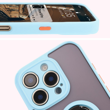 Etui z uchwytem na palec Bizon Case Hybrid Ring do iPhone 16 Pro, przydymione z jasnoniebieską ramką