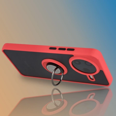 Etui z uchwytem na palec Bizon Case Hybrid Ring do Xiaomi POCO F7 Pro, przydymione z czerwoną ramką