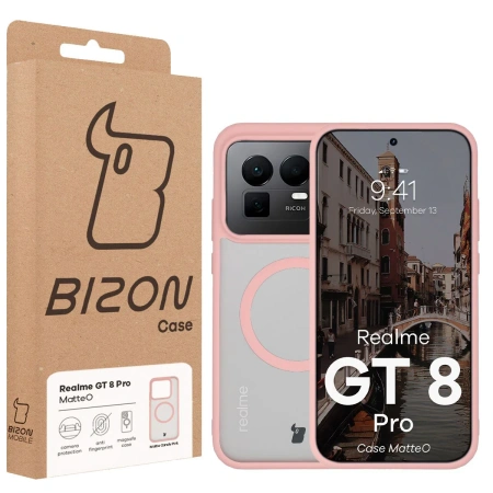 Etui z pierścieniem magnetycznym Bizon Case MatteO do Realme GT 8 Pro, przydymione-jasnoróżowe