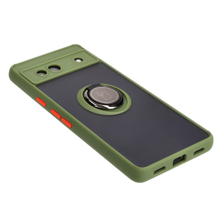 Etui z uchwytem na palec Bizon Case Hybrid Ring do Google Pixel 7A, przydymione z zieloną ramką
