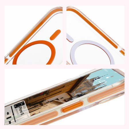 Etui z pierścieniem magnetycznym Bizon Case Marco do iPhone 15, przezroczyste z pomarańczową ramką