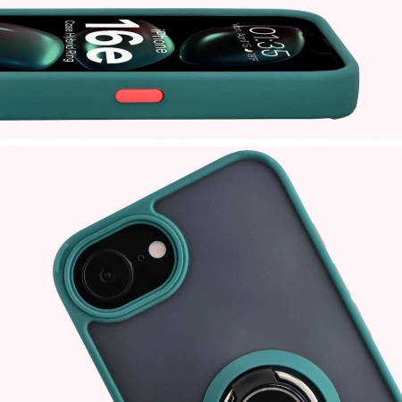 Etui z uchwytem na palec Bizon Case Hybrid Ring do iPhone 16e, przydymione z ciemnozieloną ramką