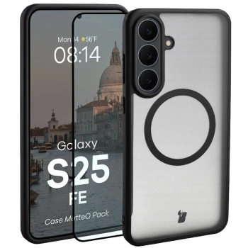 Etui z pierścieniem magnetycznym + szkło hartowane Bizon MatteO Pack do Galaxy S25 FE, przydymione-czarne