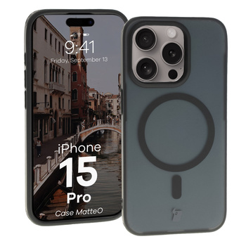 Etui z pierścieniem magnetycznym Bizon Case MatteO do iPhone 15 Pro, półprzezroczyste z czarną ramką