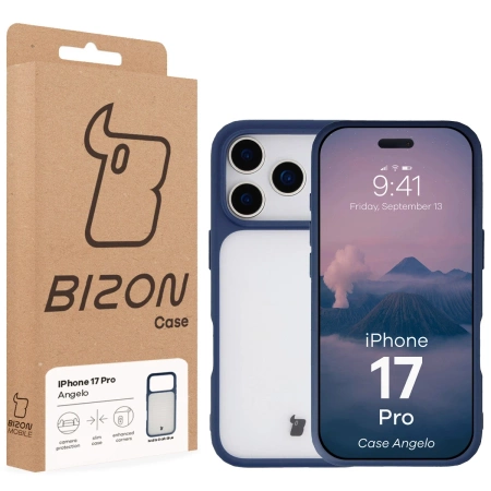 Etui Bizon Case Angelo do iPhone 17 Pro, półprzezroczyste z granatową ramką
