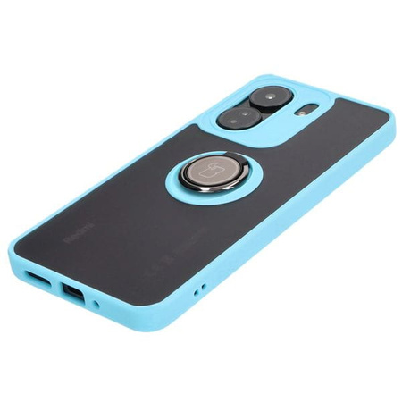 Etui z uchwytem na palec Bizon Case Hybrid Ring do Xiaomi Redmi 13C / Xiaomi Poco C65, przydymione z jasnoniebieską ramką