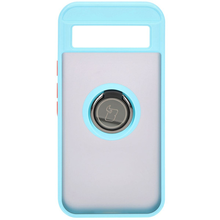 Etui z uchwytem na palec Bizon Case Hybrid Ring do Google Pixel 8a, przydymione z jasnoniebieską ramką