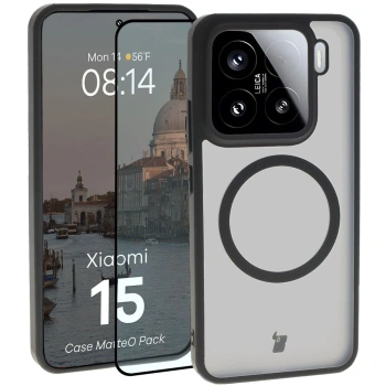 Etui z pierścieniem magnetycznym + szkło hartowane Bizon MatteO Pack do Xiaomi 15, przydymione-czarne