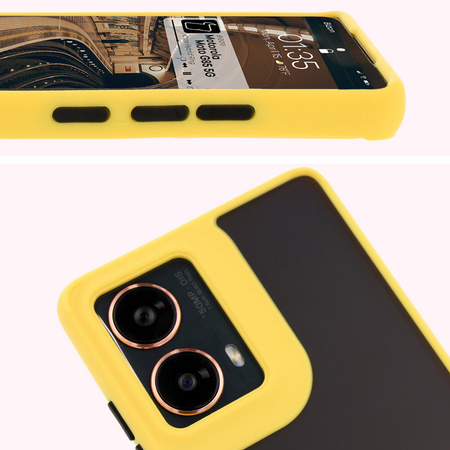 Etui z uchwytem na palec Bizon Case Hybrid Ring do Motorola Moto G85 5G, przydymione z żółtą ramką