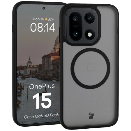 Etui z pierścieniem magnetycznym + szkło hartowane Bizon MatteO Pack do OnePlus 15, przydymione-czarne
