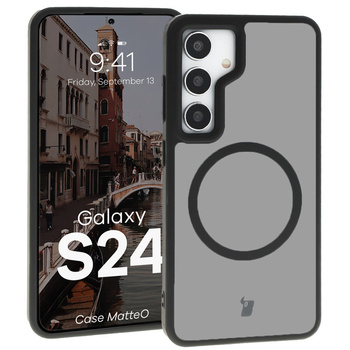 Etui z pierścieniem magnetycznym Bizon Case MatteO do Galaxy S24, półprzezroczyste z czarną ramką