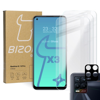 3x Szkło hartowane + szybka na aparat Bizon Glass Clear Pack do Realme 8 / 8 Pro