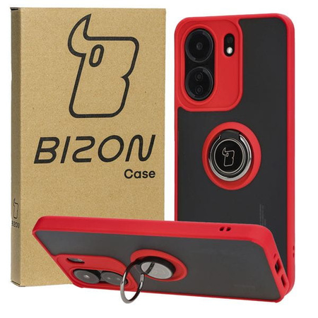 Etui z uchwytem na palec Bizon Case Hybrid Ring do Xiaomi Redmi 13C / Xiaomi Poco C65, przydymione z czerwoną ramką