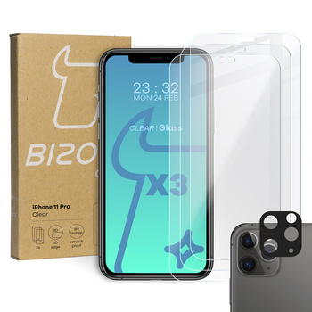 3x Szkło hartowane + szybka na aparat Bizon Glass Clear Pack do iPhone 11 Pro