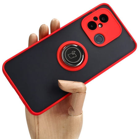 Etui z uchwytem na palec Bizon Case Hybrid Ring do Xiaomi Redmi 12C, przydymione z czerwoną ramką