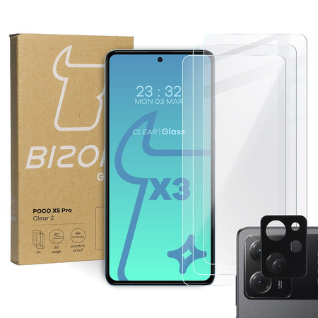 3x Szkło hartowane + szybka na aparat Bizon Glass Clear 2 Pack do Poco X5 Pro