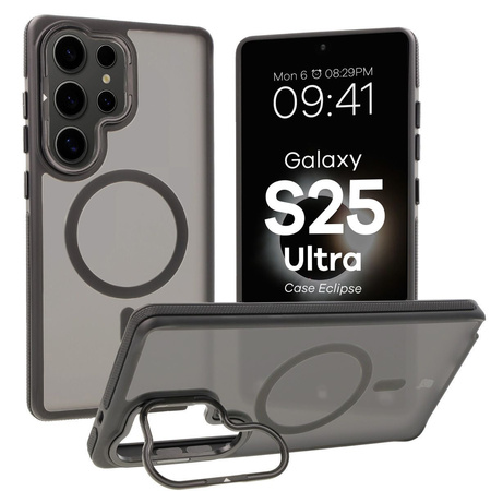 Etui z podstawką i pierścieniem magnetycznym Bizon Case Eclipse do Galaxy S25 Ultra, przydymione z czarną ramką