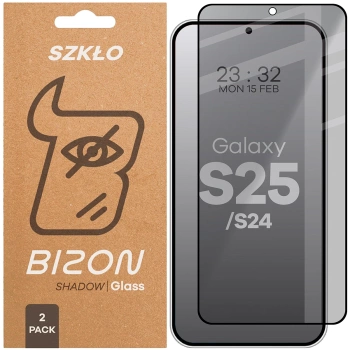 Prywatyzujące szkło hartowane Bizon Glass Edge Shadow Duo do Galaxy S25 / S24, przyciemniane z czarną ramką, 2 sztuki