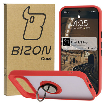 Etui z uchwytem na palec Bizon Case Hybrid Ring do Google Pixel 9 / 9 Pro, przydymione z czerwoną ramką