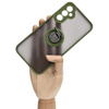 Etui z uchwytem na palec Bizon Case Hybrid Ring do Galaxy A34 5G, przydymione z zieloną ramką