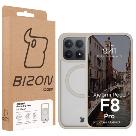 Etui z pierścieniem magnetycznym Bizon Case MatteO do Xiaomi POCO F8 Pro, przydymione-beżowe