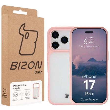 Etui Bizon Case Angelo do iPhone 17 Pro, półprzezroczyste z jasnoróżową ramką