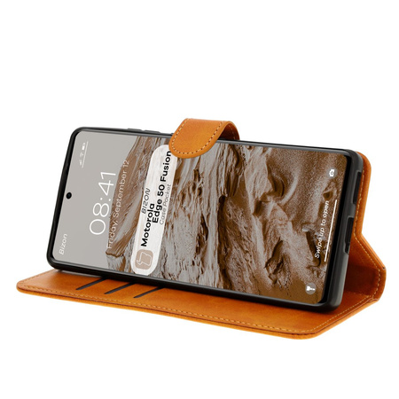 Etui z klapką Bizon Case Pocket do Motorola Edge 50 Fusion, brązowe