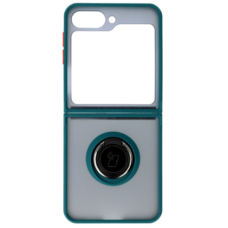 Etui z uchwytem na palec Bizon Case Hybrid Ring do Galaxy Z Flip7 FE / Z Flip6, przydymione z ciemnozieloną ramką