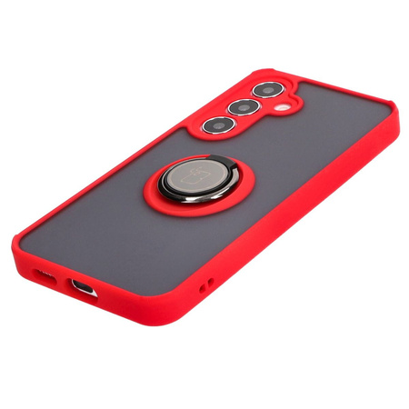 Etui z uchwytem na palec Bizon Case Hybrid Ring do Galaxy S25 / S24, przydymione z czerwoną ramką