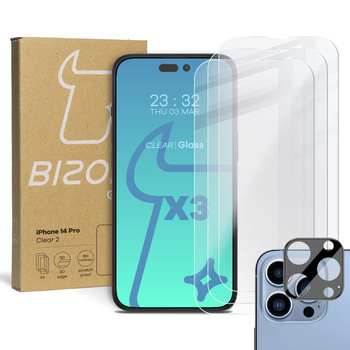 3x Szkło hartowane + szybka na aparat Bizon Glass Clear 2 Pack do iPhone 14 Pro