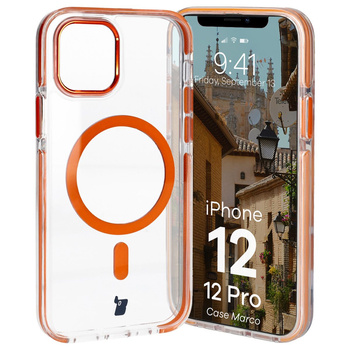 Etui z pierścieniem magnetycznym Bizon Case Marco do iPhone 12 Pro / 12, przezroczyste z pomarańczową ramką