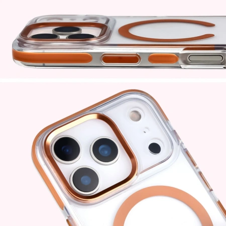 Etui z pierścieniem magnetycznym Bizon Case Marco do iPhone 17 Pro, przezroczyste z pomarańczową ramką