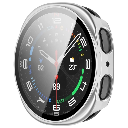 Etui ze szkłem do zegarka Bizon Case+Glass Watch do Samsung Galaxy Watch 8 44 mm, srebrne